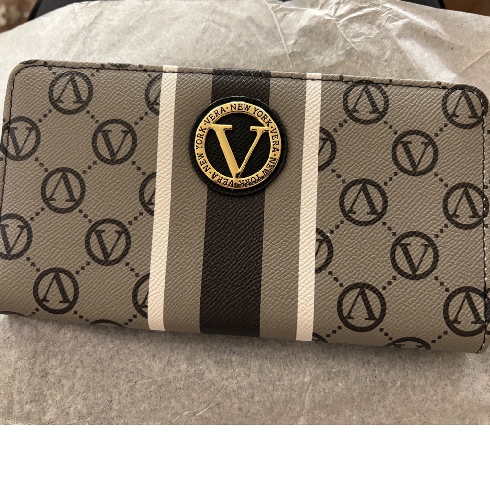 Vera New York Signature Zip Around Wallet Black Grey Monogram NEW